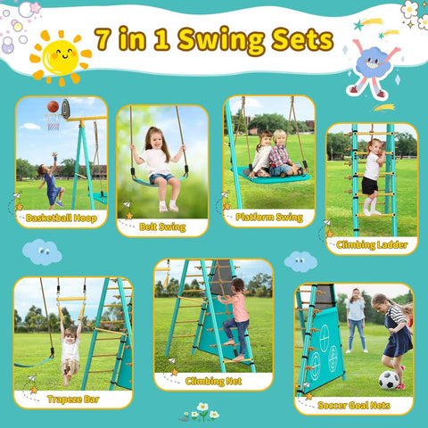 Heavy Duty Backyard Swing Set For Kids With 2 Swings, Climbing Ladder And Nets, Trapeze Bar, Soccer Goals And Basketball Hoop, 7 in 1 layout