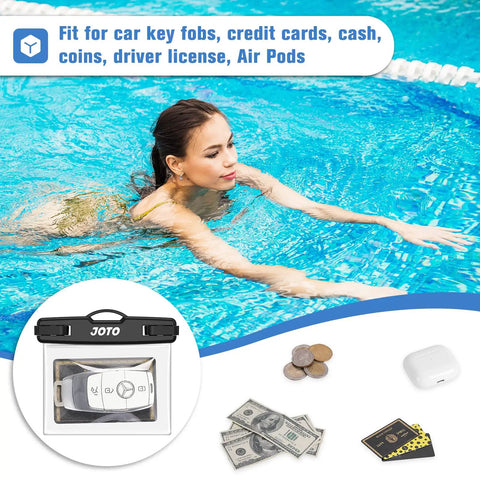 2 Pack Waterproof Car Key Fob Case with Lanyard for Swimming, image of case with cash and cards next to swimmer