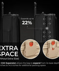 Briggs & Riley 29in expandable softside spinner luggage in black; side view with expansion arrows and latch close-ups