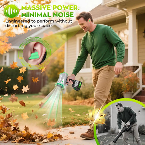 Man using Cordless Leaf Blower With Dual Battery System And Charger, One-Touch Hands-Free Lock in garden, showing airflow efficiency