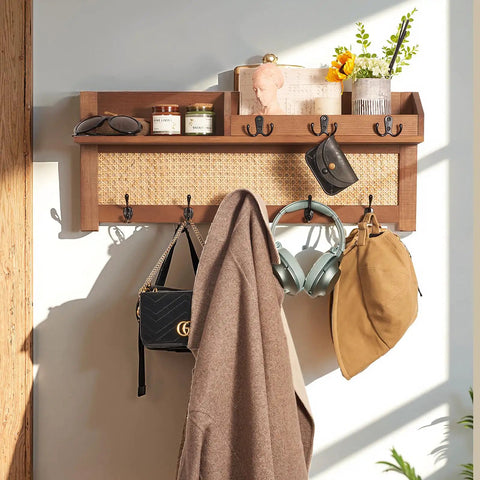 Wall Mount Coat Rack With Hooks And Shelf Made From Natural Pine And Woven Rattan A Boho Chic Entryway Organizer For Hanging Coats Keys Hangers This Space Saving Durable Wooden Holder For Hallway Bedroom And Office The Rattan Model holding coats and keys.