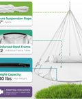 Diagram of Cozy Hanging Swing Nest Daybed White Saucer Style Hammock Chair With Plush Pillow Premium Cotton Double Hammock features.