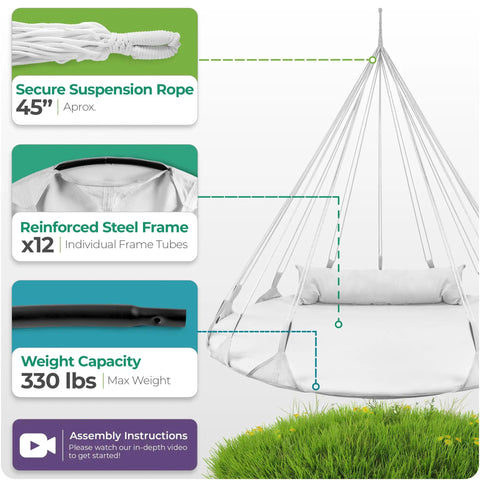 Diagram of Cozy Hanging Swing Nest Daybed White Saucer Style Hammock Chair With Plush Pillow Premium Cotton Double Hammock features.
