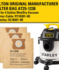 Three Pack AT25 1238 Dust Bags For 4 Gallon Wet Dry Vacuums OEM Grade Replacement Filter Bags Compatible With Porter Cable PCX18301 4B And Stanley SL18301 3B Heavy Duty Premium Paper Construction shown with vacuum