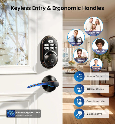 Keyless Entry Door Lock With 2 Lever Handles Electronic Keypad Deadbolt Auto Lock Backlit Keypad No Fuss Install Anti Peep Codes 20 Permanent PINs For Family And Guests Oil Rubbed Bronze Front Door Handle Set on a white door with features highlighted.