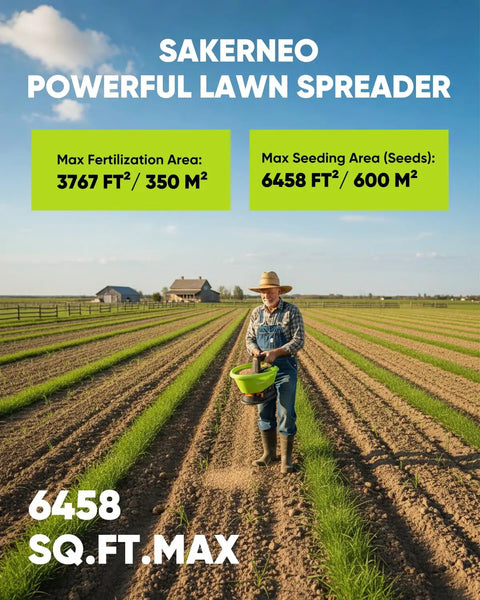Farmer using Handheld Lawn Spreader For Seed And Fertilizer, Battery Powered Do It All Tool in field, 3 liter capacity.