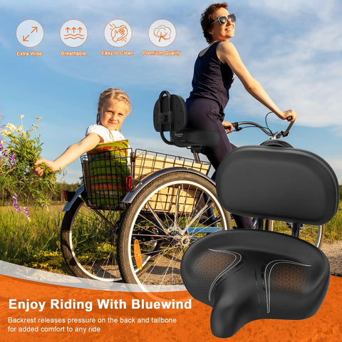 Oversized Bike Seat With Adjustable Backrest For Electric Bikes And Tricycles High Memory Foam Replacement Saddle For Men And Women 33x29x9 Cm Cushion For Long Rides All Day Comfy, rear view