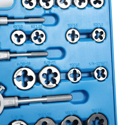 110 Piece Metric And SAE Tap And Die Set For Metalworking with engraved size markings on blue tray with assorted dies visible