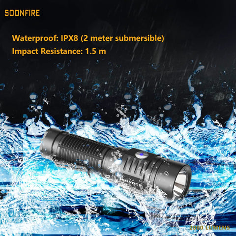 2000 Lumen LED Flashlight With Preinstalled Rechargeable Battery shown in water, highlighting waterproof design