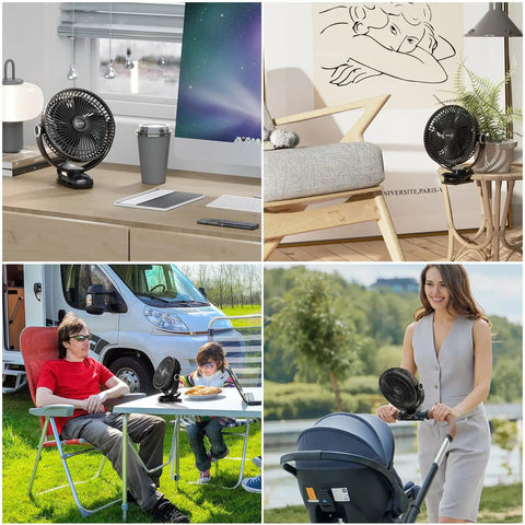 Power-Packed 12000mAh Clip-On Fan with 8 Inch Blade on desk, table, stroller illustrating versatile use