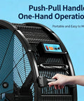 Close-up of Rock Solid Heavy Duty Mobile Industrial Floor Fan with push-pull handle and control panel for easy operation.