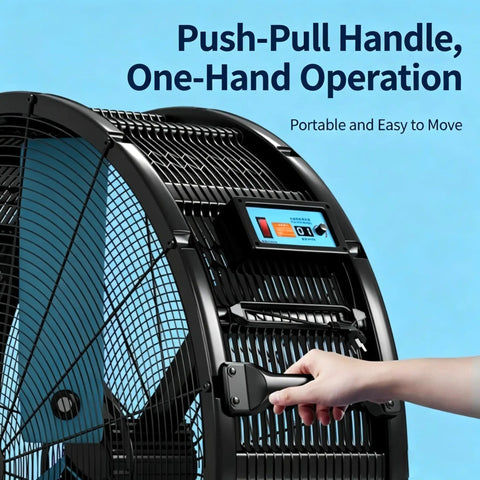 Close-up of Rock Solid Heavy Duty Mobile Industrial Floor Fan with push-pull handle and control panel for easy operation.