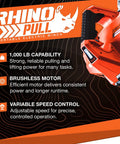 Rhino Pull 1000 Portable Electric Winch with 39 Feet of Synthetic Rope showcasing 1000 lb capability and brushless motor features.