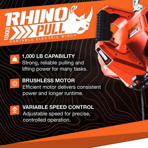 Close-up of Rhino Portable Electric Winch with highlighted features including 1000 lb capability, brushless motor, and variable speed control.