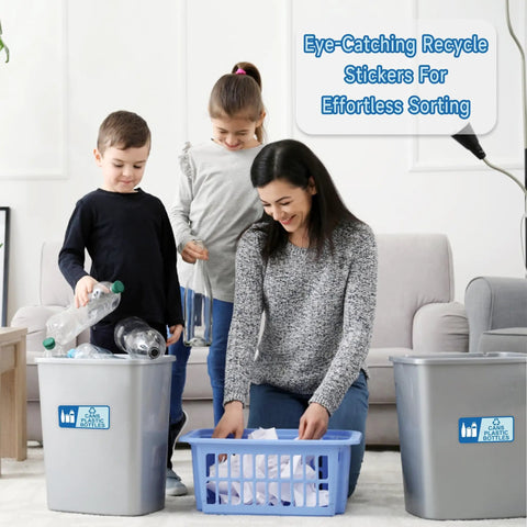 Family using Two Pack Recycle Sign Stickers For Trash Cans, Waterproof Fade Resistant Vinyl Labels For Bottles And Cans, Self Adhesive
