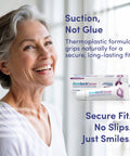 Thermoplastic Denture Adhesive That Doubles As Cushion And Reliner For All Day Hold Up To 7 Days No Slip Grip packaging with smiling woman