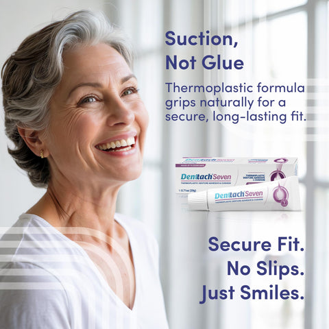 Thermoplastic Denture Adhesive That Doubles As Cushion And Reliner For All Day Hold Up To 7 Days No Slip Grip packaging with smiling woman