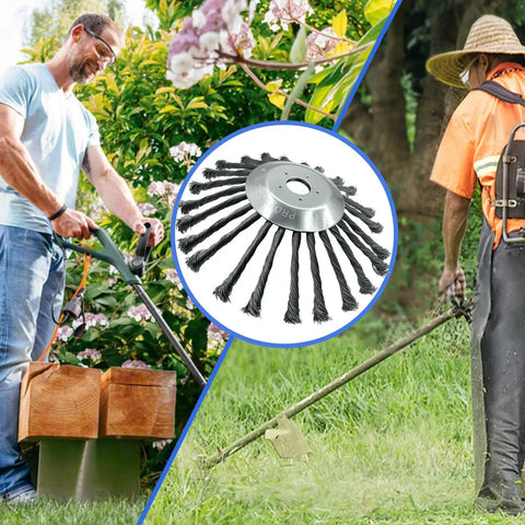 10 Inch Steel Wire Weed Wheel Brush Trimmer Head for Weed Eater and Weed Wacker shown with people using trimmers