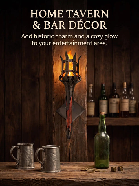 Medieval LED Torch Wall Sconce Flickering Flame Castle Light (Red) mounted on rustic wood wall, with metal mugs and liquor bottles.