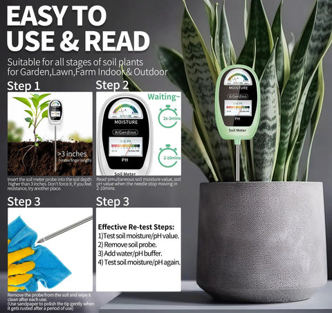 All In One 2 In 1 Soil Moisture and pH Meter with Dual Dial Display for Easy Plant Care in use with indoor potted plant