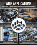 Get This Awesome QITUO 60 Pc Air Fitting Kit With Fast Push To Connect Design For Compressors And Pneumatic Tools In 8 Sizes Including 1/4 inch And Metric Options To Make Your Job Much Easier, black plastic pneumatic fittings in automotive, workshop, and factory use