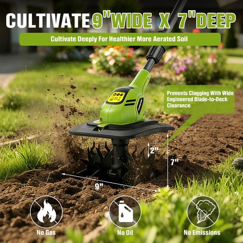 20V Cordless Tiller With Two Batteries cultivating soil, 9x7 inch depth, 48 steel tines, no cords needed, in garden setting