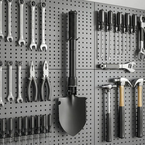 16 Inch Heavy Duty Mini Shovel With Curved D Handle Portable Spade Hanging on Tool Wall