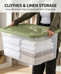 120 Qt Big Boy Storage Bin, Clear Plastic Tote With Green Lid, stacked towels being held for organization in closet.