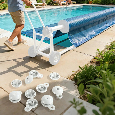 Keep Your Pool Blanket Locked Tight With These Rock Solid Solar Cover Reel Clips Featuring Slick Strap Holders and Dependable Tarp Fasteners For Above Ground And Inground Pools, including clips and reel.