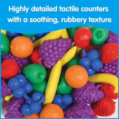 Colorful rubber fruit counters in various shapes, ideal for toddlers. Fruit Counters Set Of 108 Kid Approved Rubber Math Blocks For Toddlers 3 To 5 Preschool Sorting Toys Boosting Cognitive Skills Fine Motor Development And Playtime.