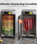 Massive 360 Auto Rotate Food Dehydrator With 16 Spacious Trays For Smooth Commercial Drying Of Beef Jerky Herbs And Dog Treats Built Legit Stainless Steel Rapid Electric Dryer Machine That Goes Hard On Every Single Batch with colorful fruits and vegetables ready for drying.