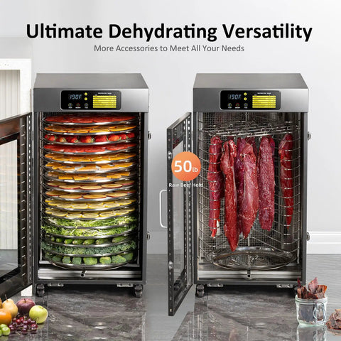 Massive 360 Auto Rotate Food Dehydrator With 16 Spacious Trays For Smooth Commercial Drying Of Beef Jerky Herbs And Dog Treats Built Legit Stainless Steel Rapid Electric Dryer Machine That Goes Hard On Every Single Batch with colorful fruits and vegetables ready for drying.