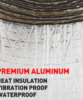 Close-up of aluminum-backed pipe wrap insulation foam tape showing premium material and features: heat insulation, waterproof.