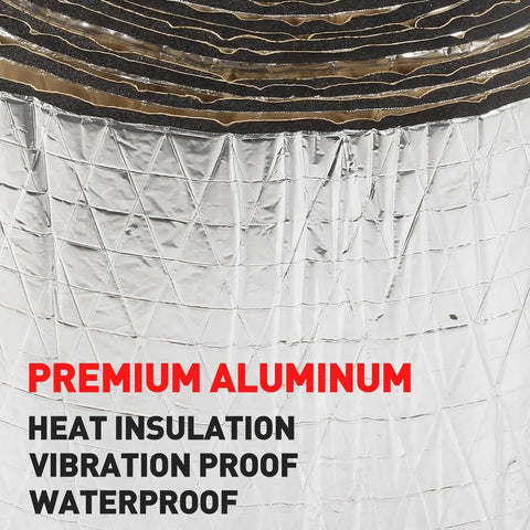 Close-up of aluminum-backed pipe wrap insulation foam tape showing premium material and features: heat insulation, waterproof.