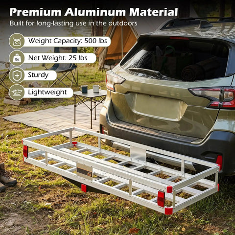 Heavy Duty Aluminum Hitch Cargo Carrier With 500 Lbs Capacity And Two Inch Receiver Mount For RV Camper SUV And Pickup Truck Rugged Road Trip Gear