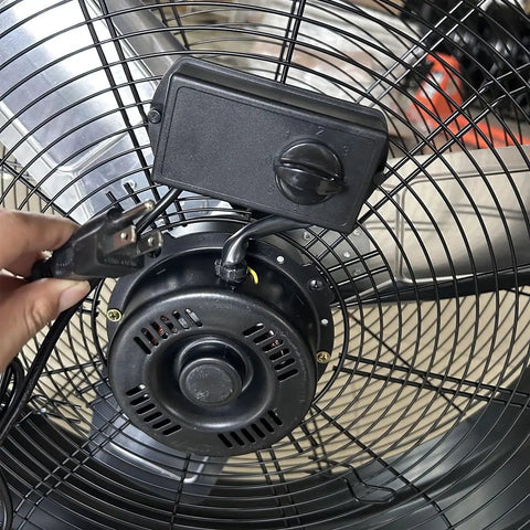 24 Inch High Velocity Industrial Floor Fan Heavy Duty Portable Air Circulator With 3 Speed Adjustable Tilt power switch and plug view