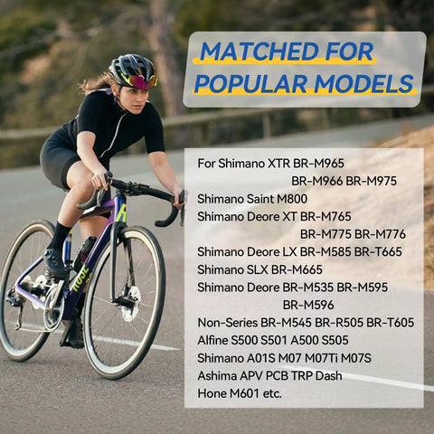 Cyclist riding with matched models list for Four Pairs Semi Metallic Mountain Bike Disc Brake Pads For Shimano Deore XT SLX Saint Alfine