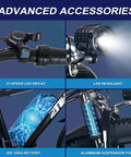 Advanced accessories of the Beast 1000W Peak Electric Mountain Bike For Adults, featuring LED display, headlight, and aluminum fork.