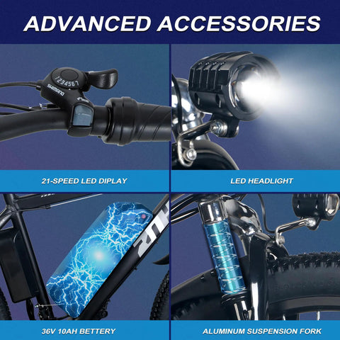 Advanced accessories of the Beast 1000W Peak Electric Mountain Bike For Adults, featuring LED display, headlight, and aluminum fork.