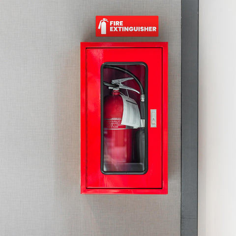 High Visibility Fire Extinguisher Sticker Set for Office and Commercial Spaces installed on wall for safety compliance