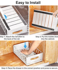Top Shelf Pull Out Cabinet Organizer With Adhesive Nano Film Hella Sturdy Slide Out Pantry Shelves And Sliding Mesh Basket With Handle For Kitchen Bathroom And Home 11 Point 8 By 15 Point 7 By 6 Point 2 Inches White installation steps shown.