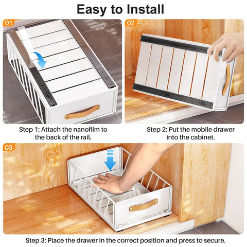 Top Shelf Pull Out Cabinet Organizer With Adhesive Nano Film Hella Sturdy Slide Out Pantry Shelves And Sliding Mesh Basket With Handle For Kitchen Bathroom And Home 11 Point 8 By 15 Point 7 By 6 Point 2 Inches White installation steps shown.