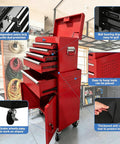 Heavy Duty Rolling Tool Chest With Five Spacious Drawers And Lockable Bottom Cabinet Detachable Mobile Workbench For Garage Storage featuring five drawers and safety lock.