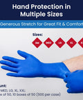 Heavy Duty 14 Mil Latex Exam Gloves Featuring Savage Micro Texture Grip And 12 Inch Extended Cuff Powder Free NFPA Approved Tactical Shield Pack Of Fifty Two X Large Blue showing sizes available and flexible fit.