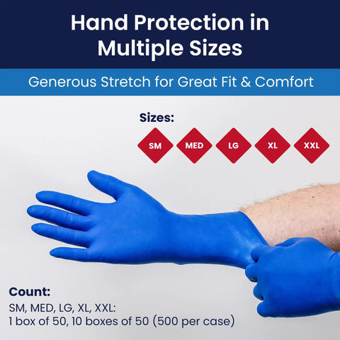 Heavy Duty 14 Mil Latex Exam Gloves Featuring Savage Micro Texture Grip And 12 Inch Extended Cuff Powder Free NFPA Approved Tactical Shield Pack Of Fifty Two X Large Blue showing sizes available and flexible fit.
