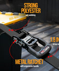 Close-up of Beefed Up Heavy Duty Ratchet Tie Down Straps Set with metal ratchet and polyester strap, 1.5 inch wide.