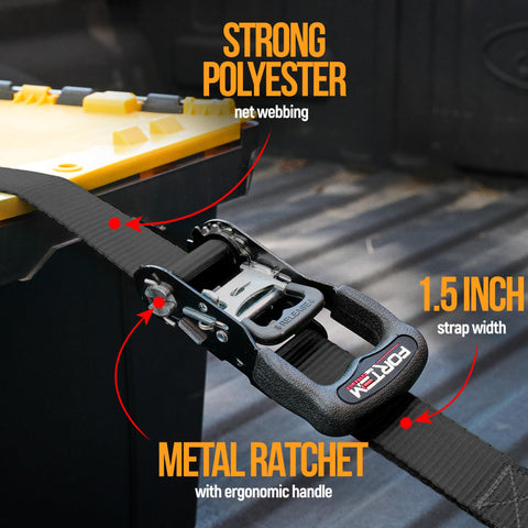 Close-up of Beefed Up Heavy Duty Ratchet Tie Down Straps Set with metal ratchet and polyester strap, 1.5 inch wide.
