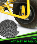 Minibike chain kit with 140-link black steel chain; yellow frame with rear sprocket and coiled chain in foreground.