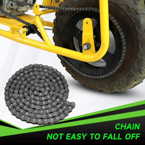Minibike chain kit with 140-link black steel chain; yellow frame with rear sprocket and coiled chain in foreground.