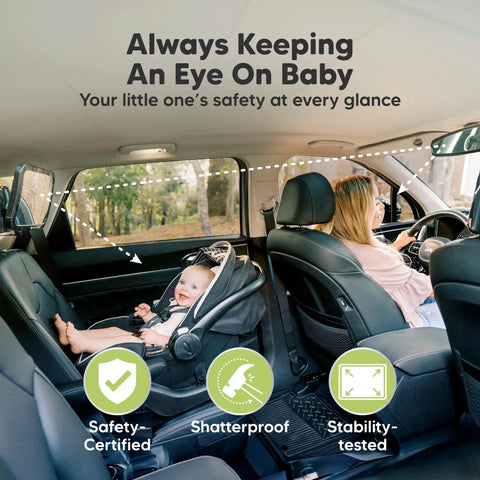 Wide 360 Degree Crystal Clear Baby Car Seat Mirror showing rear-facing infant and parent, shatterproof backseat view, matte black.